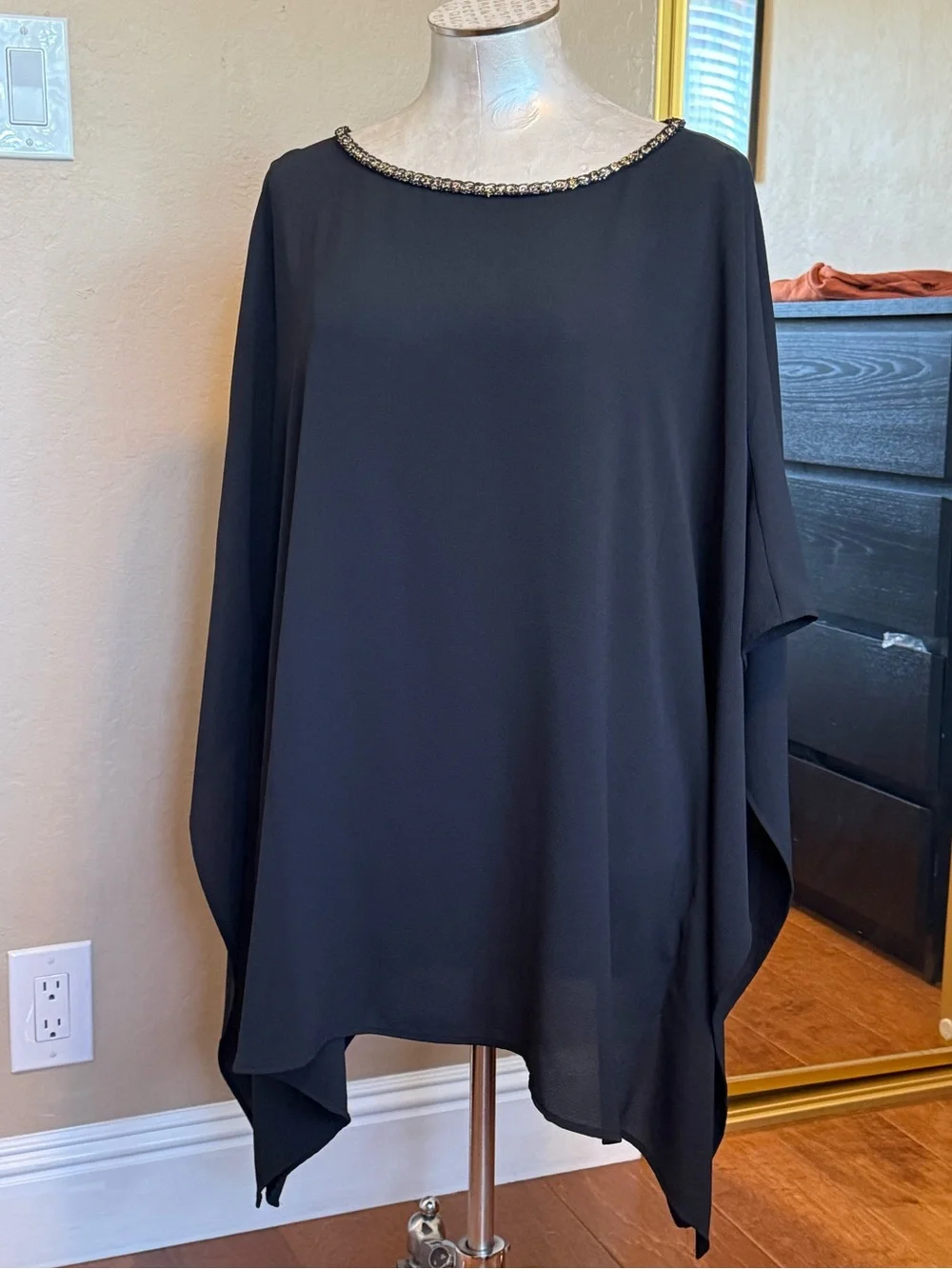 Michael Kors Gold Chain Neck Sheer Overlay Poncho Blouse Black IX